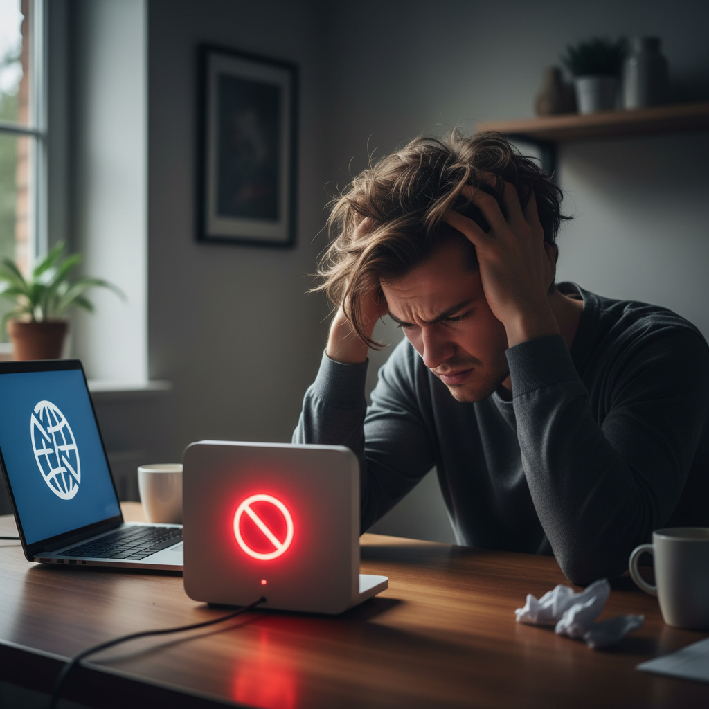 A slightly exasperated person sits at a desk, staring at a modern Wi-Fi router. The router has prominent red indicator lights or a blinking red symbol, signifying a lack of internet connection. In the foreground, a laptop screen displays an error message or a 'no internet' icon. The person's posture suggests frustration, perhaps hands on their head or leaning forward in dismay. The scene is a contemporary home office or living room, dimly lit to emphasize the problem and the user's growing impatience with a failed router restart. Professional photo, realistic, with a focus on human emotion and faulty tech.