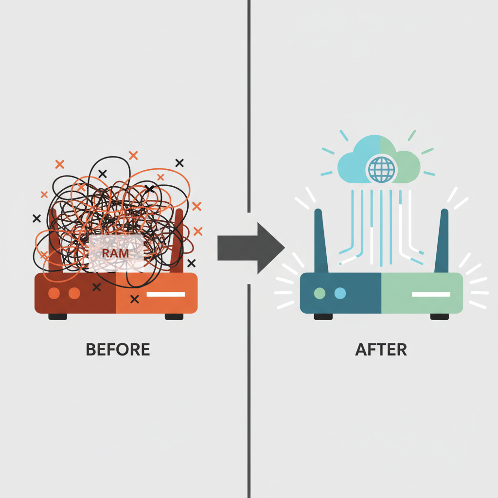 A clean, split-screen infographic illustrates the effect of a router restart. On the 'before' side, a stylized router icon shows chaotic, tangled data lines or multiple small 'X' marks flowing within it, representing accumulated errors and full RAM. On the 'after' side, separated by a clear arrow pointing right, the same router icon displays smooth, organized data flow, radiating outwards to a simplified globe or cloud icon, symbolizing a fresh, stable internet connection. Light rays emanate from the 'after' router, suggesting renewed functionality. Flat illustration, infographic style, clean vectors, using cool blues and greens for 'good' and oranges/reds for 'bad'.
