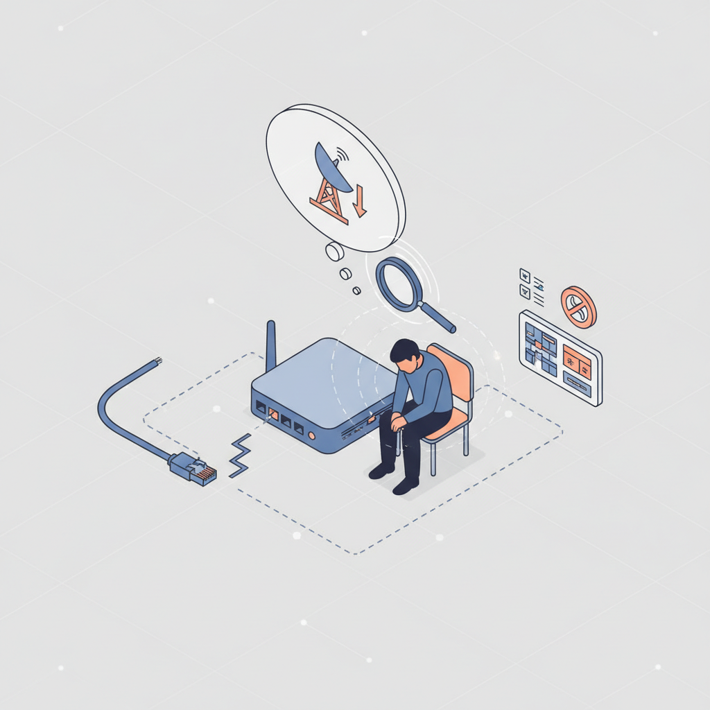 An isometric illustration depicting a complex troubleshooting scenario. In the center, a slightly dejected figure (can be abstract or silhouette) sits in front of a router. Around them, various elements float or are connected by subtle lines: a visibly disconnected Ethernet cable, a thought bubble containing a simplified ISP tower or logo with a 'down' arrow, a small control panel graphic representing router settings, and a magnifying glass hovering over the router's ports, suggesting a hardware check. The overall scene conveys a multi-faceted search for a deeper problem. Isometric illustration, clean lines, muted color palette.