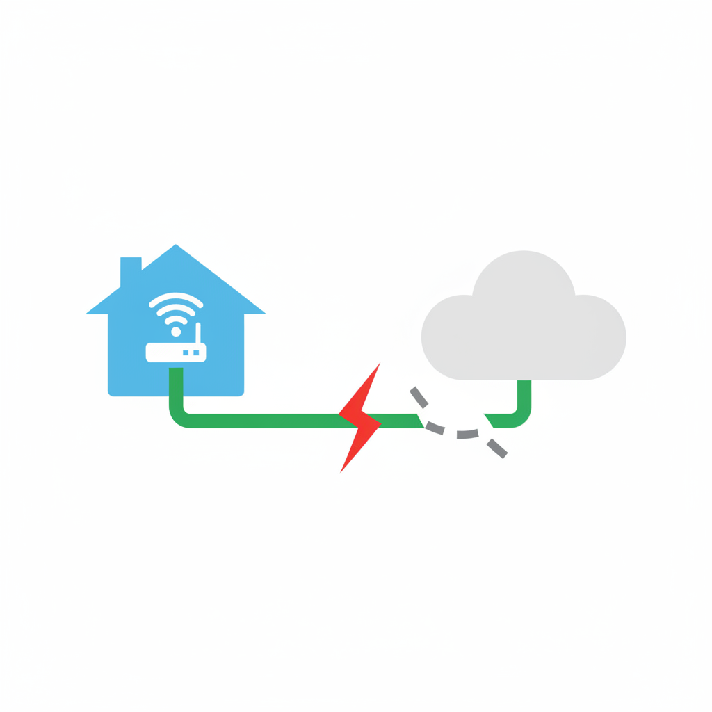 A minimalist vector illustration showing a network connection path. A stylized house icon, containing a small router symbol, is connected by a cable to a larger, abstract internet cloud or server icon. Halfway along this connecting cable, visibly outside the house's immediate proximity, a clear 'break' or 'disruption' symbol (e.g., a jagged line, a large 'X') is placed, indicating an external issue with the Internet Service Provider (ISP). The line within the house and connecting to the router is green and healthy, while the segment beyond the break is grey or broken. Minimalist vector illustration, clear iconography, focus on line breaks.