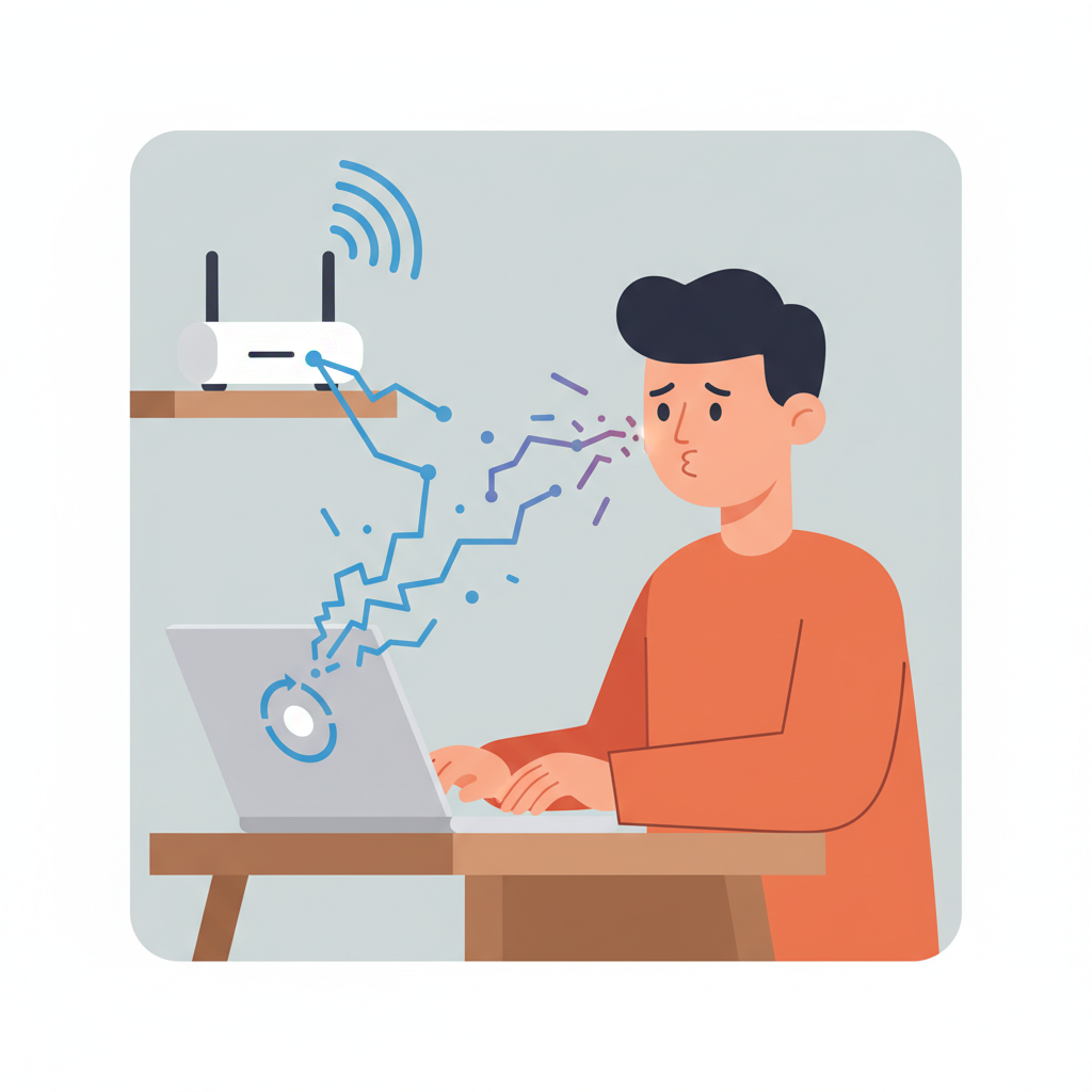 A modern flat illustration depicting a person, slightly frustrated, sitting at a desk with a laptop displaying a perpetually spinning loading icon. Behind them, a minimalist Wi-Fi router emits a visibly weak, broken, and fragmented signal pattern that struggles to reach the laptop. The overall color palette should be muted with a hint of blue or purple for the broken signal, contrasting with the warm tones of the user's frustration. The scene should convey the common annoyance of slow internet.