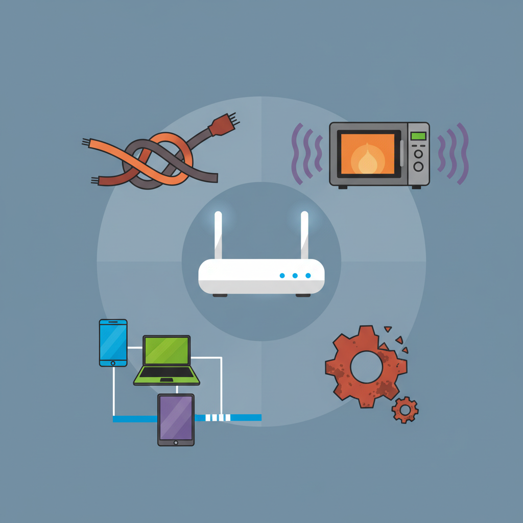 An infographic-style illustration showcasing a central, sleek Wi-Fi router. Around it, various small, distinct icons or mini-scenes represent common causes for poor connection. These include a tangled, frayed network cable, a group of multiple diverse devices (phone, laptop, tablet) pulling at a single bandwidth line, a microwave oven emitting interference waves towards the router, and a visual metaphor for outdated software (e.g., a rusty gear). The design should be clean and utilize a limited, harmonious color palette, making each cause clearly identifiable.