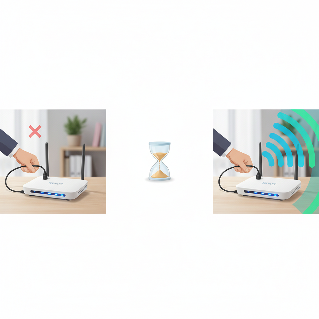 A clear, professional instructional illustration demonstrating the 'power cycle' method for a Wi-Fi router. The image is split into three sequential parts within a single frame, without explicit panel lines. The first shows a hand unplugging the power cable from a router. The second shows a brief pause, perhaps with a subtle timer icon (purely visual, no numbers) or just an empty space. The third shows the hand plugging the cable back in, with the router immediately radiating a strong, vibrant, and complete Wi-Fi signal, indicated by full, flowing waves. The style should be clean and easily understandable.