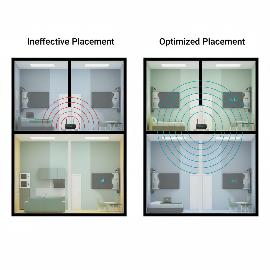 A cross-sectional diagram of a typical modern home interior. On one side, a Wi-Fi router is depicted in a suboptimal location, such as tucked away behind furniture or near a microwave oven, emitting a weak, struggling Wi-Fi signal that barely reaches a device in another room, showing clear dead zones or signal degradation through walls. On the other side, the same router is in an optimized, central position, sending a strong, expansive, and uninterrupted Wi-Fi signal throughout the entire space. Use a clean, architectural diagram style with subtle digital lines for the Wi-Fi signals and a muted, inviting color scheme.