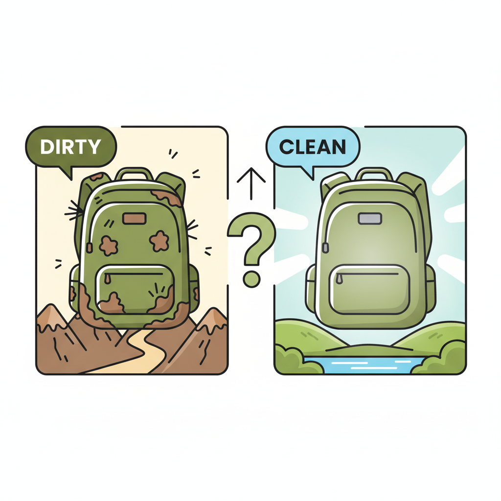 A vibrant, flat illustration depicting a well-loved hiking backpack, dirty with mud splatters and grass stains, juxtaposed with a clean, shining version of the same backpack. Text bubbles or labels should highlight 'Clean' and 'Dirty' to visually represent the need for cleaning. The background is a simple, stylized outdoor scene. This image introduces the problem and solution of cleaning.