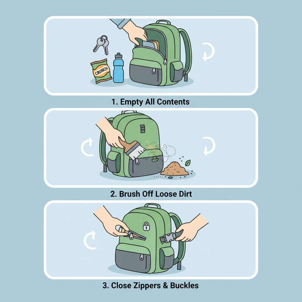 An infographic-style illustration showing a multi-panel visual guide for preparing a backpack for washing. Panel 1: A hand reaching into an open backpack, emptying contents (keys, snacks, water bottle). Panel 2: A hand brushing off visible dirt and debris with a soft brush over a pile of loose dirt. Panel 3: Close-up of a hand closing zippers and fastening buckles on the backpack. Clean, clear lines and icons are essential.