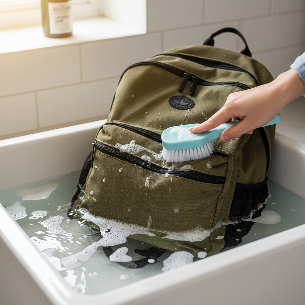 A realistic photo showing a backpack partially submerged in a sink or large basin filled with water, illustrating the 'hand-wash' method. Gentle soap suds are visible. A soft brush or sponge is held by a hand, lightly scrubbing a section of the backpack. The scene should convey care and attention during manual cleaning.