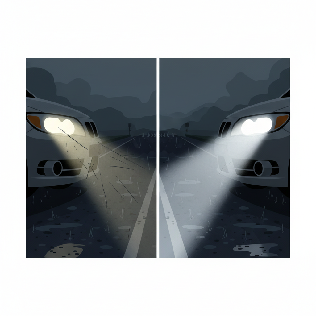 A split-screen visual contrasting the impact of clear vs. scratched headlights. On the left, a close-up of a hazy, scratched car headlight emitting a diffused, scattered light beam that barely illuminates a dark, rain-slicked road ahead, emphasizing poor visibility and danger. On the right, the same headlight is pristine and clear, casting a sharp, focused, bright light cone far down the road, representing optimal safety and clarity. The scene should be set at dusk or night. Flat illustration style with a clean, modern aesthetic.
