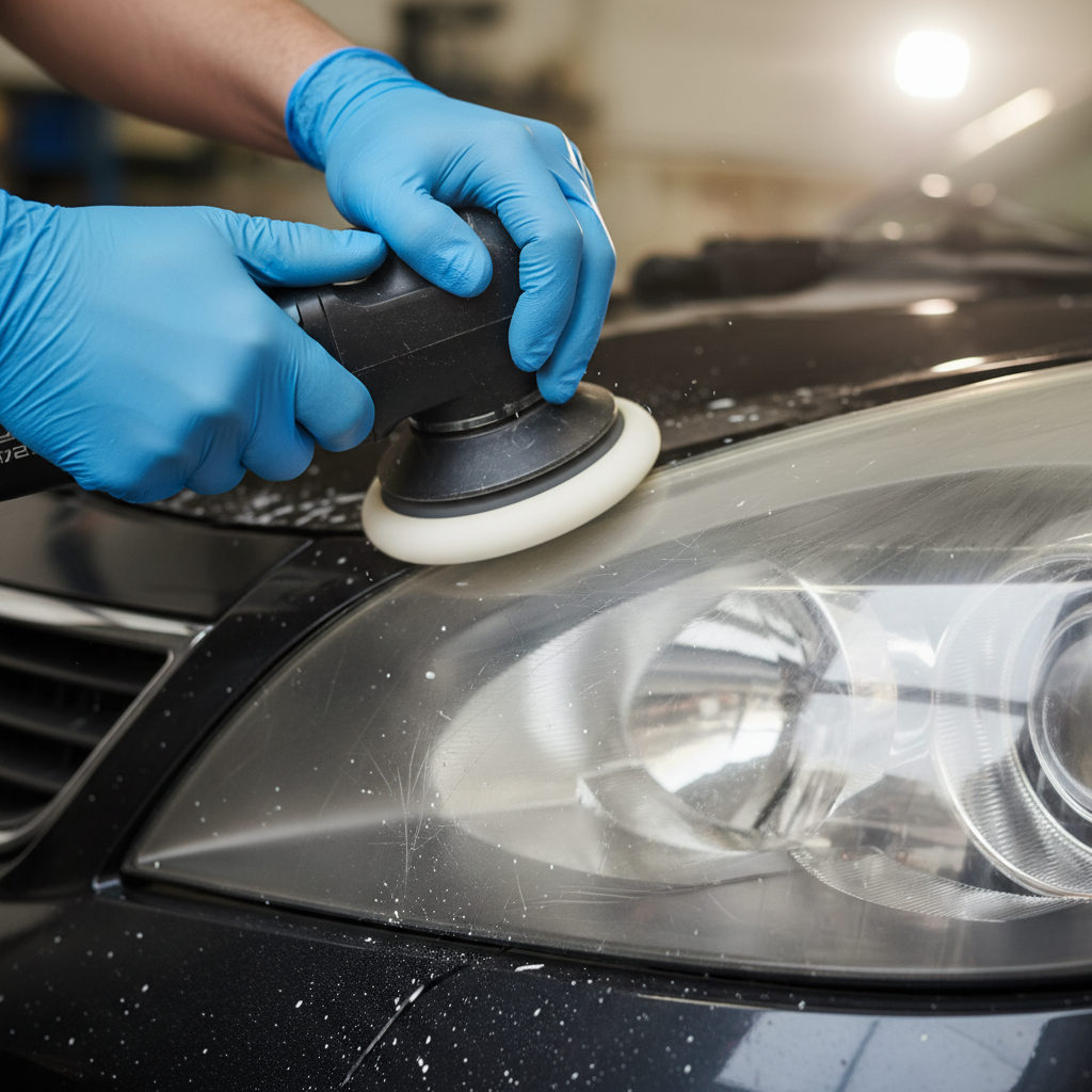 A close-up, dynamic shot of a person's hands (wearing protective gloves, e.g., blue nitrile) actively polishing a car headlight. A section of the headlight on the left is still visibly dull and scratched, while the area under the polishing pad or tool (e.g., orbital polisher or hand pad with compound) is transforming, showing a clear, smooth finish emerging. Water droplets or polishing residue might be visible for realism. Professional photo style, well-lit, focusing on the texture and detail of the process.