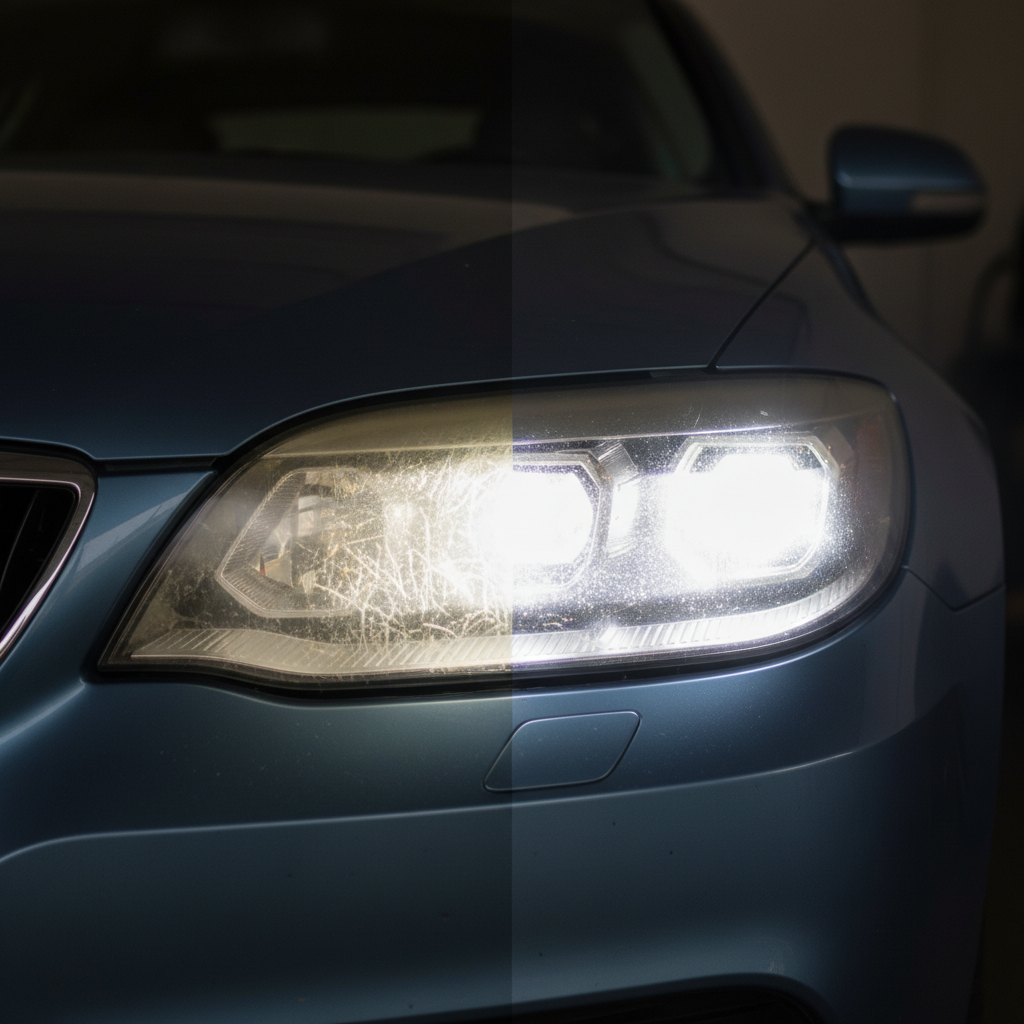 A close-up, professional photograph of a car's modern LED headlight, sharply divided into two distinct vertical halves. The left half of the headlight glass is visibly hazy, densely covered with fine scratches and a yellowed film, diffusing the internal light source poorly. The right half, in stark contrast, is brilliantly clear and transparent, allowing the internal headlight elements to be seen crisply, and emitting a focused, strong beam of light. The image should highlight the dramatic before-and-after effect of headlight restoration, emphasizing improved clarity and light output.