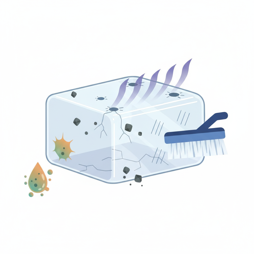 A highly detailed, infographic-style flat illustration showing a magnified cross-section of a car headlight's polycarbonate surface. Abstract, stylized elements are depicted interacting with the surface, causing damage. Include tiny, sharp stone particles impacting the surface, a symbolic, bristled cleaning brush scraping across it, subtle wavy lines representing UV radiation permeating the top layer, and a small, corrosive-looking liquid droplet dissolving part of the coating. The illustration should use a clean, modern aesthetic with a limited color palette to clearly convey the various causes of headlight scratches.