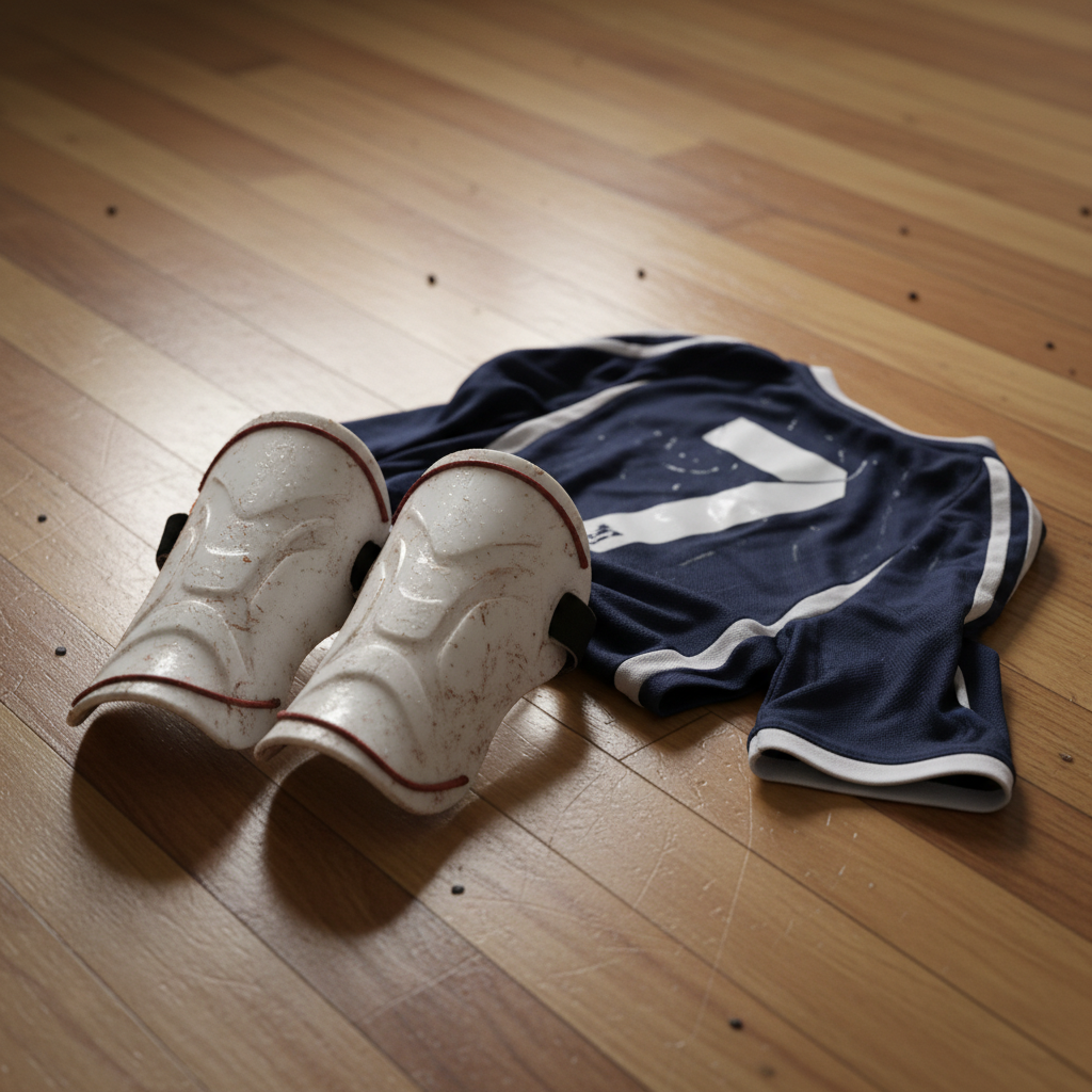 A professional photo of a pair of well-used, sweaty soccer shin guards, perhaps with a faint outline of dirt, lying on a wooden gym floor next to a discarded soccer jersey. The image should evoke a sense of a recently finished intense training session, highlighting the need for cleaning. Focus on realistic textures and subtle shadows to create depth. Mood: Gritty but not disgusting.