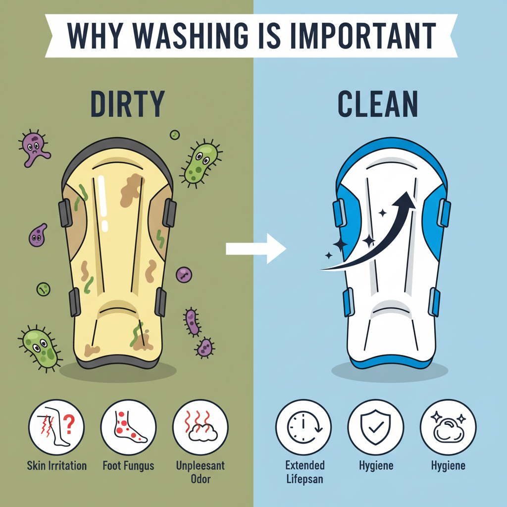 A flat illustration or infographic-style image depicting the 'Why Washing is Important' section. On one side, show a dirty, smelly shin guard with exaggerated bacteria and fungi symbols around it, accompanied by icons representing skin irritation, foot fungus, and unpleasant odor. On the other side, show a sparkling clean shin guard with a fresh scent symbol and icons for extended lifespan and hygiene. Use a clear, appealing color palette.