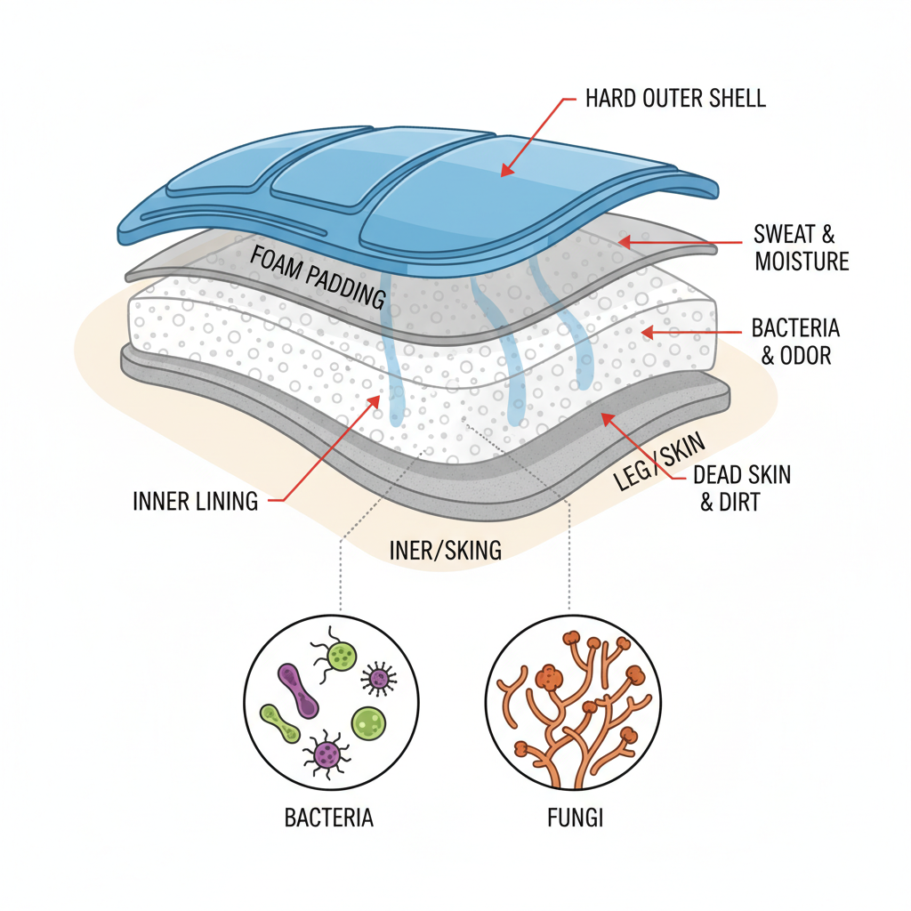 A detailed diagrammatic illustration showcasing the cross-section of a shin guard. Annotate different layers like the hard outer shell, foam padding, and inner lining, with arrows pointing to areas where sweat, bacteria, and dirt typically accumulate. Below, show small, stylized representations of bacteria and fungi thriving within these layers. Style: Clean, scientific, and informative with clear labels.