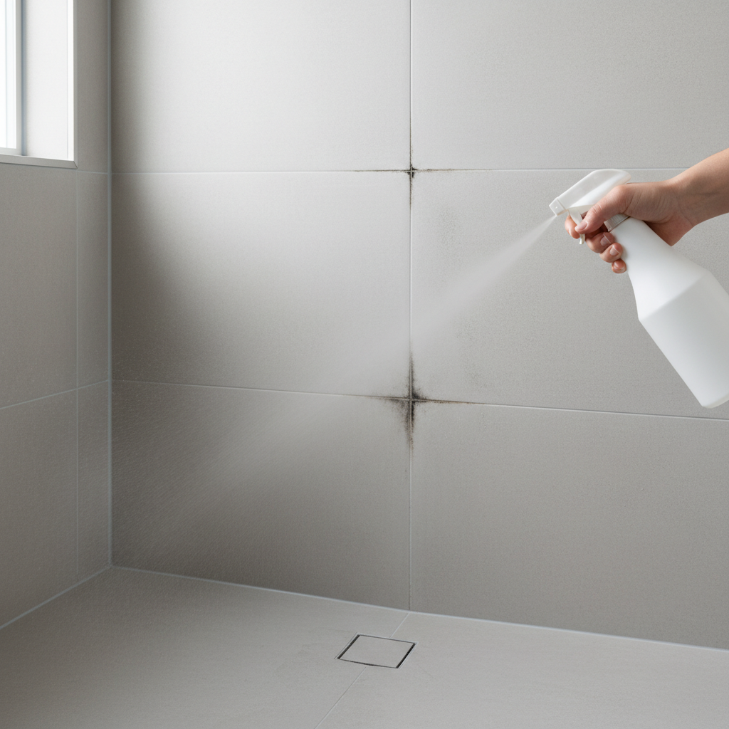 A modern, minimalist shower stall with subtle but clear patches of black mold along the tile grout lines and silicone seals. The scene focuses on a hand (only partially visible, implying action) gently spraying a translucent mist or a light foam from a generic, sleek spray bottle towards the affected areas. There are no scrubbing brushes or sponges present. The mold patches should visually recede or dissipate slightly where the mist makes contact, suggesting an effortless cleaning process. The overall mood is one of ease and effectiveness, highlighting the 'no-scrub' solution. Professional photo style with soft, natural lighting.