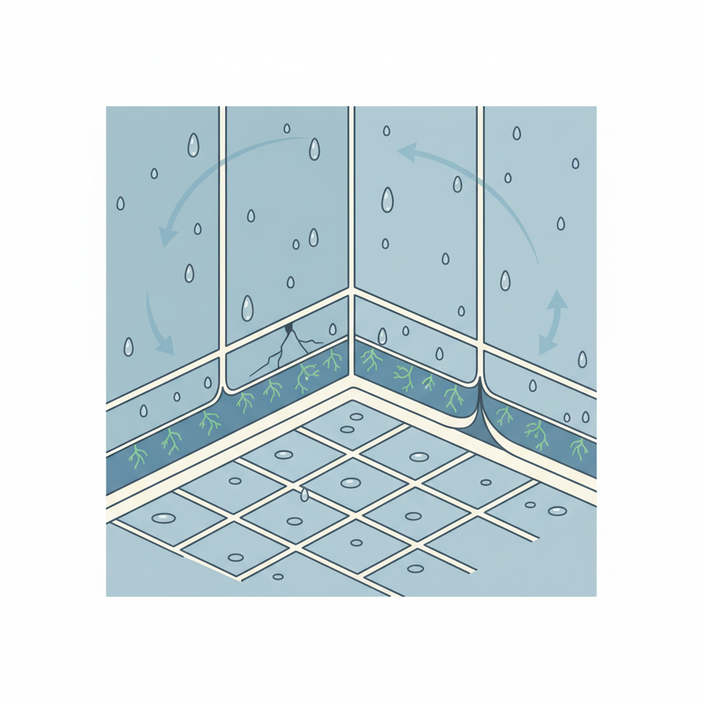 A clean, detailed infographic-style illustration depicting a cross-section of a typical shower corner. The image highlights factors contributing to mold growth. Show condensation droplets forming on a cool tile surface, with subtle arrows indicating limited airflow in the space. Illustrate moisture seeping into slightly cracked grout lines and behind a section of a silicone seal that appears to be compromised. Within these damp, hidden areas, faint, root-like structures representing mold growth should be visible. The overall aesthetic should be educational and clear, explaining the 'why' behind mold formation in a visual, schematic manner. Flat illustration style with a focus on clear graphical elements.