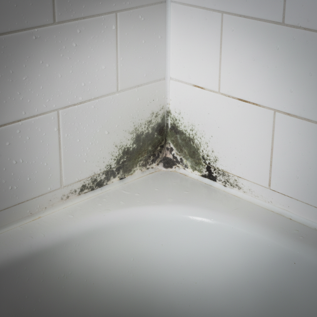 A close-up, slightly elevated shot of a bathroom shower corner, specifically focusing on a tile wall meeting a bathtub or shower tray. The white silicone joint between the tiles and the tub/tray is visibly afflicted with prominent black and green mold spots, indicating a severe infestation. Subtle visual cues like condensation beads on the tiles, a hint of steam in the air, or a faint shadow implying inadequate lighting can be included to suggest a humid environment. The overall mood is one of an unhygienic problem that needs addressing. Professional photo style with good lighting, emphasizing texture and detail of the mold.