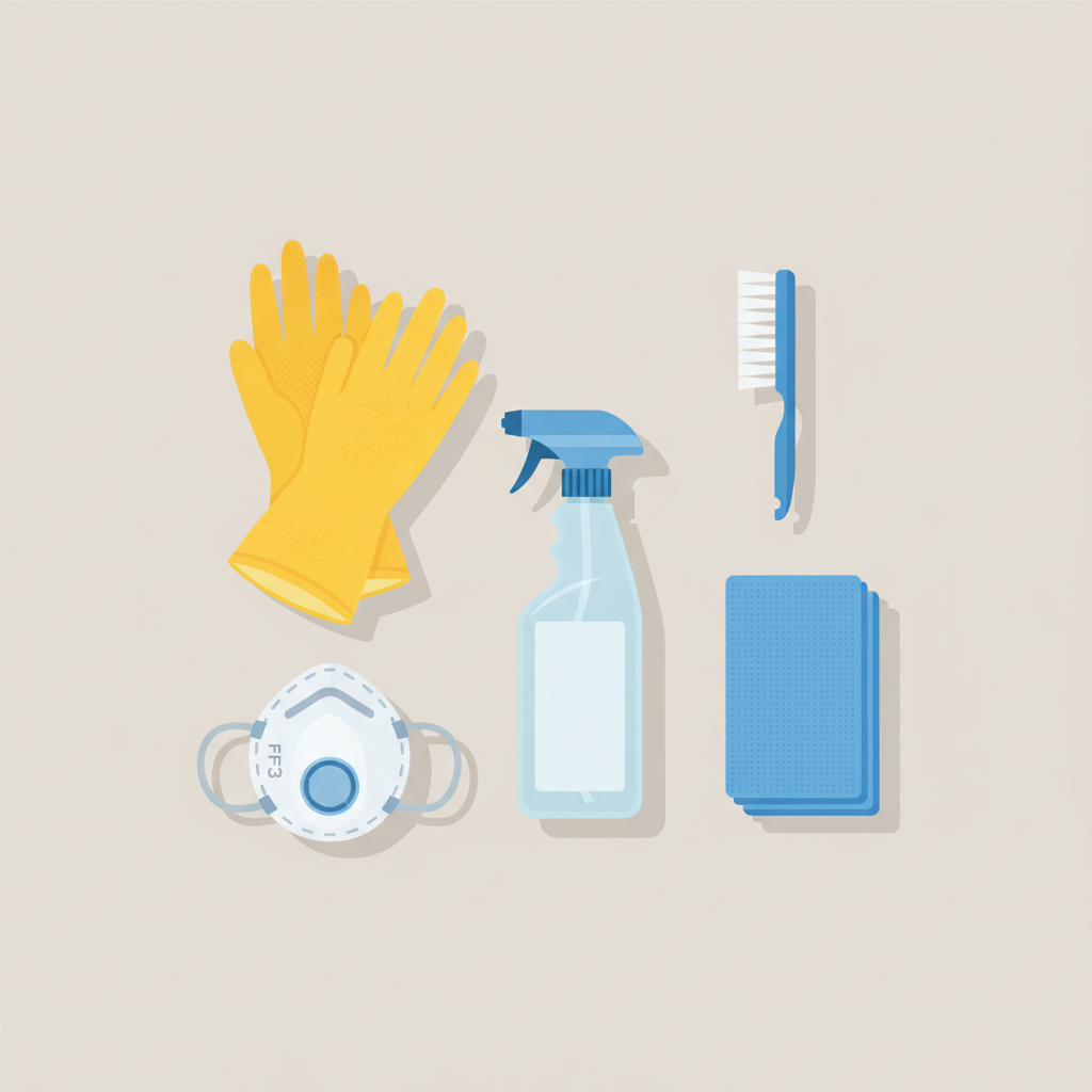 A top-down, clean flat illustration showcasing essential items for mold removal, neatly arranged on a neutral, light-colored surface. The composition should include a pair of yellow or blue rubber gloves, a white FFP2 or FFP3 respirator mask, a generic spray bottle, a small scrub brush, and a microfiber cloth or sponge. The items should appear new and ready for use, conveying preparedness and safety. The illustration style should be modern, clean, and professional, using soft shadows for depth, making the tools easily identifiable and emphasizing the 'getting ready' aspect of the cleaning process.
