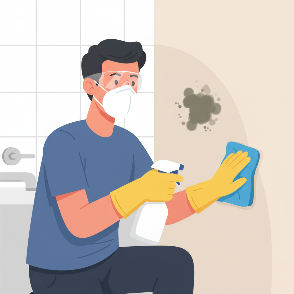 A professional, clean flat illustration depicting a person diligently cleaning a patch of mold on a light-colored wall. The person is wearing essential protective gear: an FFP2 mask covering their mouth and nose, clear safety goggles, and rubber gloves. They are holding a spray bottle in one hand and a cleaning cloth in the other, actively wiping a visible, small patch of dark mold. The cleaned area on the wall should subtly show the absence of mold, implying a before-and-after effect. The setting suggests a bathroom or kitchen wall, with a subtle tiled or painted background. The overall mood is focused and effective, emphasizing safe and direct mold removal without painting.