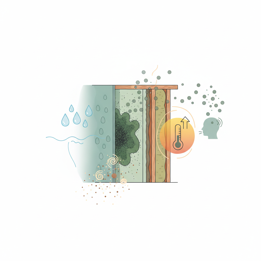An infographic-style illustration visually explaining the conditions under which mold thrives and its potential danger. The central focus is a detailed cross-section of a house wall with a distinct, small patch of dark green and black mold growing on its surface. Surrounding the mold, abstract visual symbols represent its growth requirements: stylized water droplets or a subtle condensation effect for moisture, tiny organic particles or dust motes for organic nutrients, and a subtle thermometer icon or warm color gradient for suitable temperature. From the mold, small, microscopic spore-like particles are subtly radiating outwards into the air, indicating airborne spread and the health risk. The style is clean, modern, and informative, using clear visual metaphors.