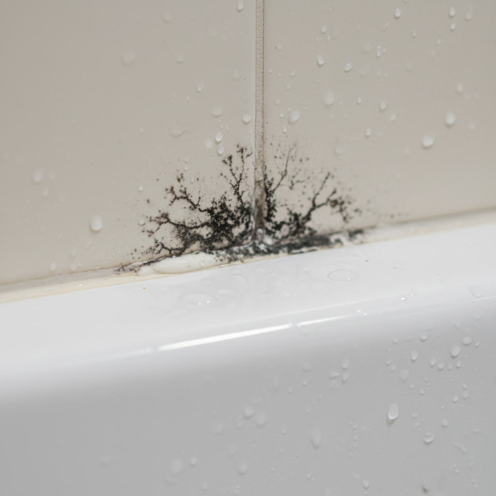 A close-up, slightly magnified professional photo showing a severely moldy silicone joint in a bathroom. The white silicone caulk, separating light-colored tiles and a ceramic fixture, is discolored with extensive black and grey mold growth spreading along its surface. Tiny water droplets or condensation are visible on the tiles and joint, emphasizing the humid environment. The overall impression should be unhygienic and visually unappealing, highlighting the common problem discussed in the article.