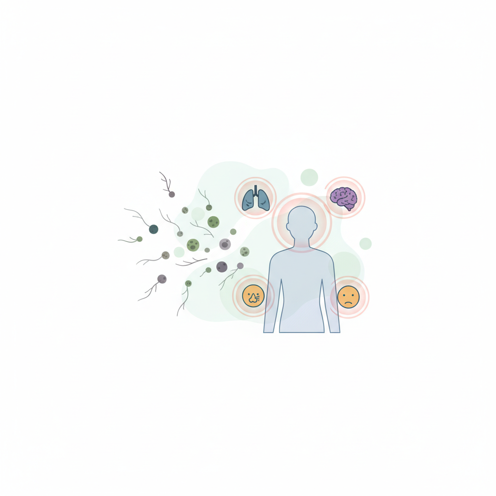 A clean, modern flat illustration in an infographic style depicting the invisible dangers of mold. On one side, stylized microscopic mold spores are shown emanating into the air. These spores drift towards a subtle, translucent human silhouette. Around the silhouette, various abstract icons represent common health issues like a stylized lung for respiratory problems, a brain for headaches, and a sneezing face for allergies, all subtly indicating negative impact without being overly graphic. The color palette should be muted but with a subtle warning tone.