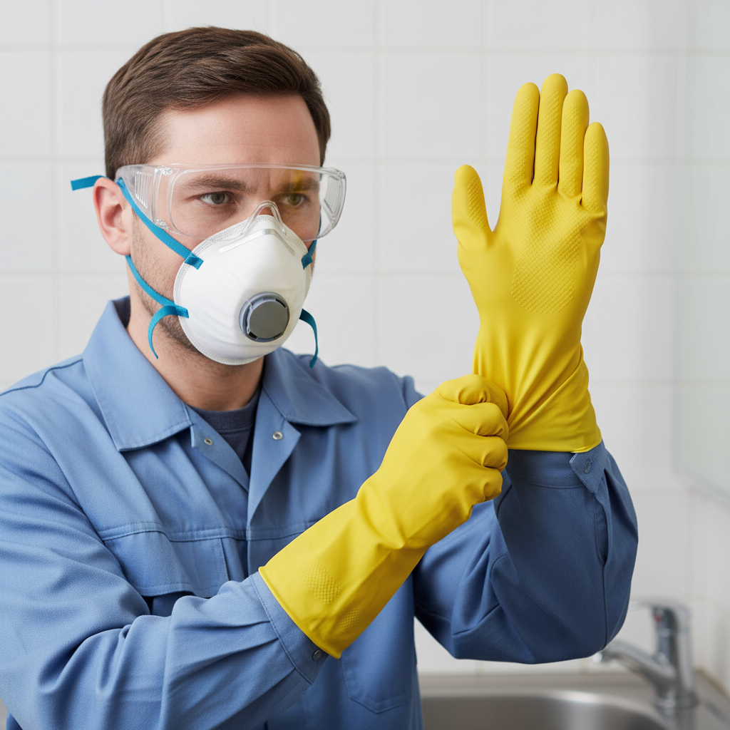 A professional photograph or realistic digital illustration showing a person's hands, torso, and head, wearing appropriate safety gear before tackling mold. The person is putting on robust yellow rubber gloves, an FFP2-standard respirator mask is securely in place, and clear safety goggles are worn. In the blurred background, hints of a typical bathroom or kitchen environment are visible, such as white tiles or a sink edge, emphasizing the context of home cleaning and preparation.
