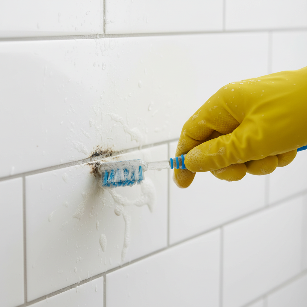 A crisp, well-lit professional photo showing a gloved hand actively cleaning a silicone joint. The hand, wearing a bright yellow rubber glove, holds an old toothbrush or a small scrubbing sponge, vigorously working on a visible patch of black mold on a white silicone joint. A cleaning solution (implied by a slight foam or liquid sheen) is visible on the joint. The background is a clean, tiled bathroom or kitchen wall, keeping the focus on the immediate cleaning action and the joint.