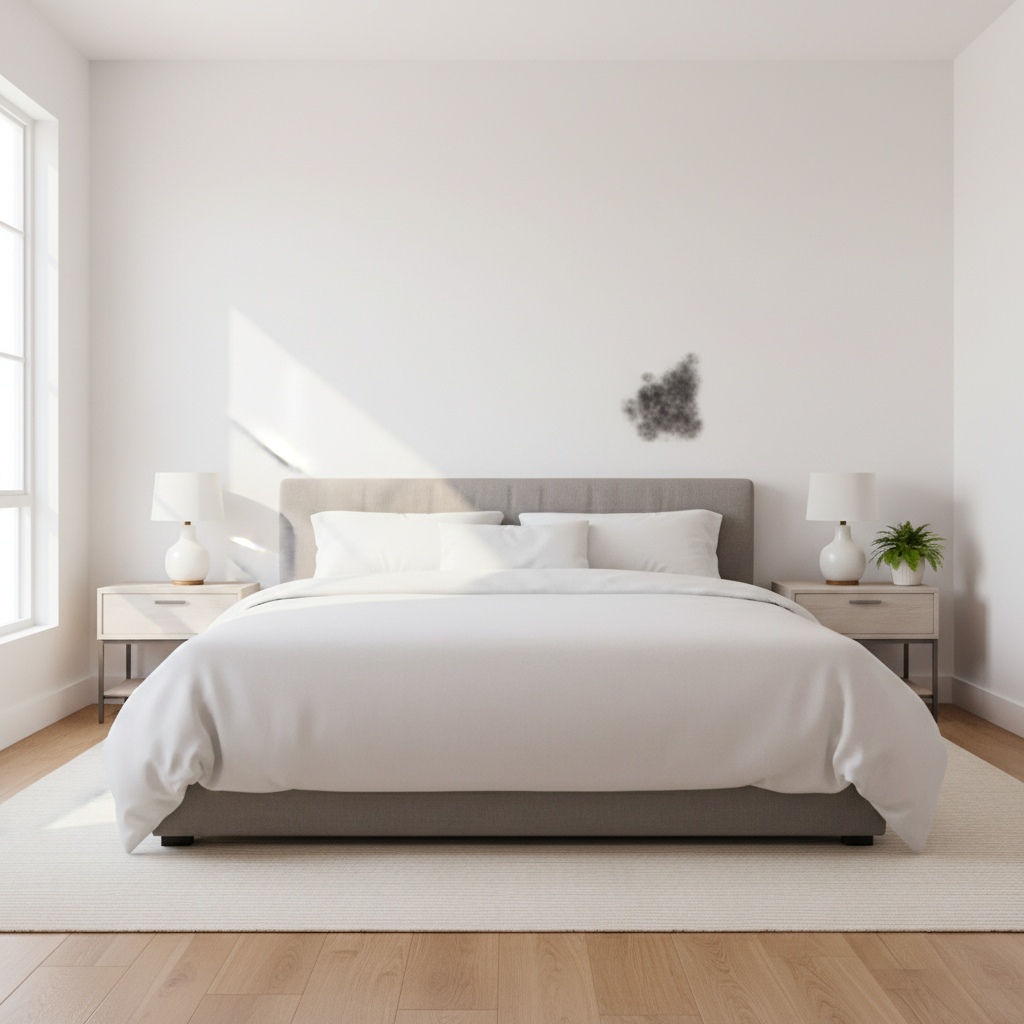 A professional photo showing a modern, clean bedroom with a subtle, dark, fuzzy mold patch on a white wall above a sleek headboard. The mold patch should be small but clearly visible, creating a slight unease. The overall aesthetic should be bright and inviting, contrasting with the unwelcome mold. Focus on realistic lighting and texture to highlight the contrast.