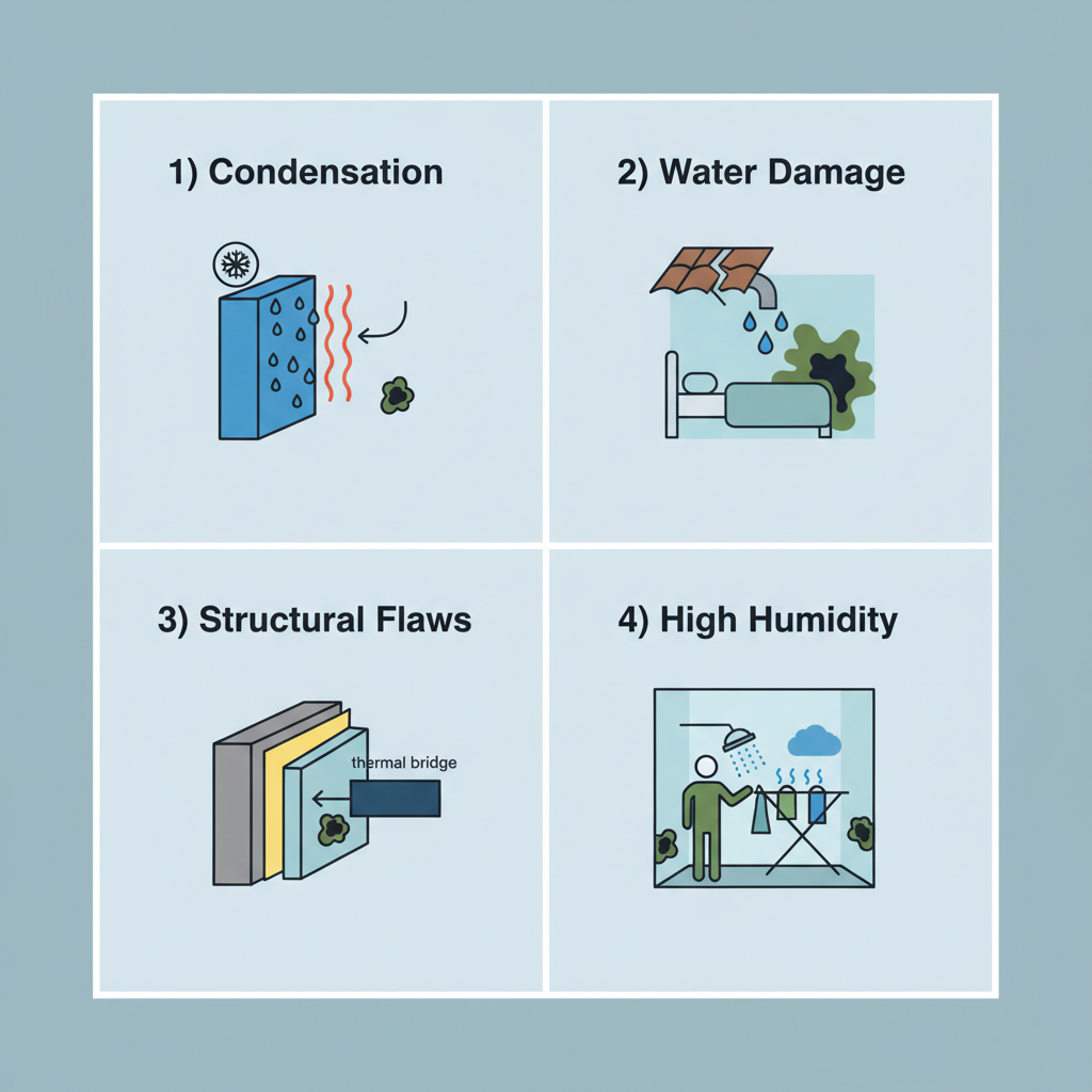 An infographic-style illustration depicting the causes of mold in a bedroom. Divide the image into four quadrants, each with a clear icon and short text explanation: 1) Condensation (cold wall, warm moist air, water droplets), 2) Water Damage (leaky pipe or roof with water dripping onto a wall), 3) Structural Flaws (cross-section of a wall showing poor insulation or a thermal bridge), 4) High Humidity (person drying laundry indoors, or a steamy shower). Use a clean, simple vector art style with a limited color palette.