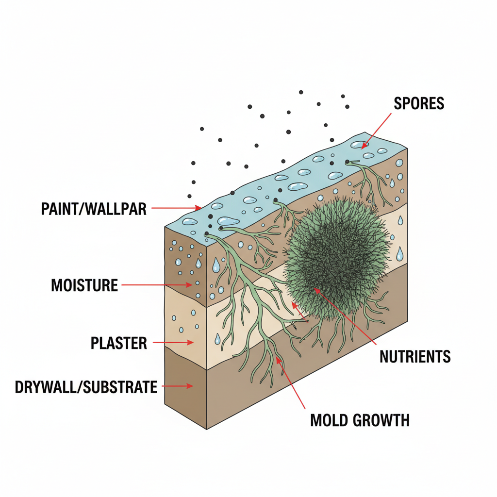 A detailed diagrammatic illustration of mold growth on a wall surface. Show tiny mold spores (represented by dots) in the air, then landing on a cross-section of a wall (showing plaster/paint and possibly wallpaper). Illustrate the spores germinating and growing hyphae (root-like structures) into the wall material, eventually forming a visible mold colony. Include elements like moisture droplets on the surface and arrows indicating nutrient uptake. Use a scientific illustration style with clear labels for 'spores,' 'moisture,' 'nutrients,' and 'mold growth.'