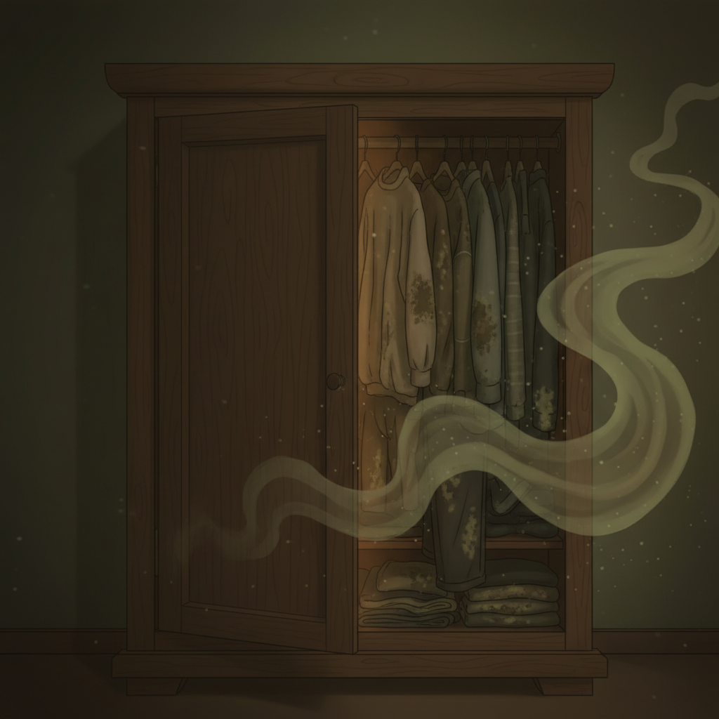 A slightly ajar wooden wardrobe door revealing dimly lit, packed clothes inside. A subtle, wavy, greenish-brown vapor or mist emanates from the wardrobe opening, visually suggesting an unpleasant, stale, musty odor. Some clothes visible on the hangers or shelves within appear slightly discolored or damp, indicating the problem. The overall atmosphere is dim and slightly unappealing. Style: Realistic, slightly moody illustration with a soft, muted color palette.