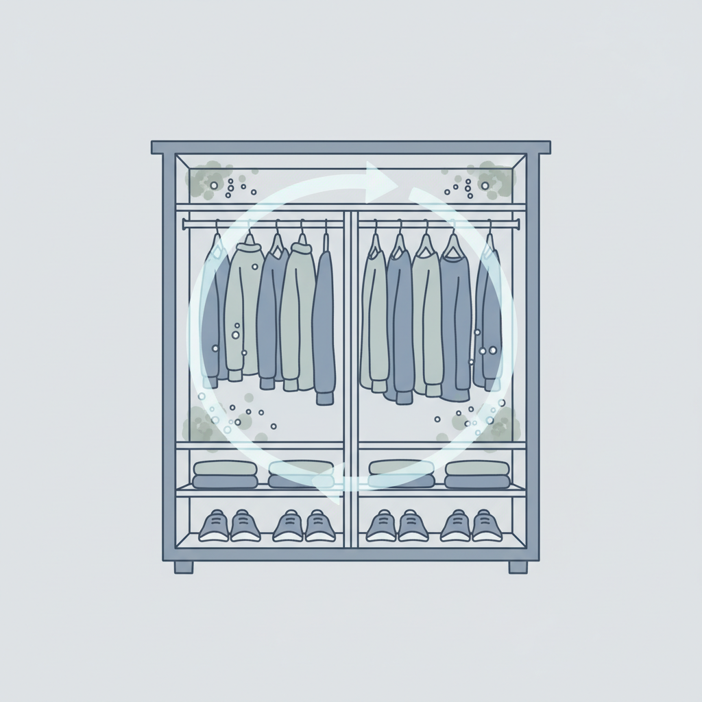 A cutaway diagram of the interior of a wardrobe, clearly illustrating the causes of musty smells. On the back wall and corners, subtle patches of condensation droplets are visible, along with hints of greenish or grayish mold. Faint, swirling lines or arrows graphically represent poor air circulation within the closed space, trapping humidity. Style: Clean, infographic-style illustration with a focus on scientific concepts and cool, slightly desaturated colors.