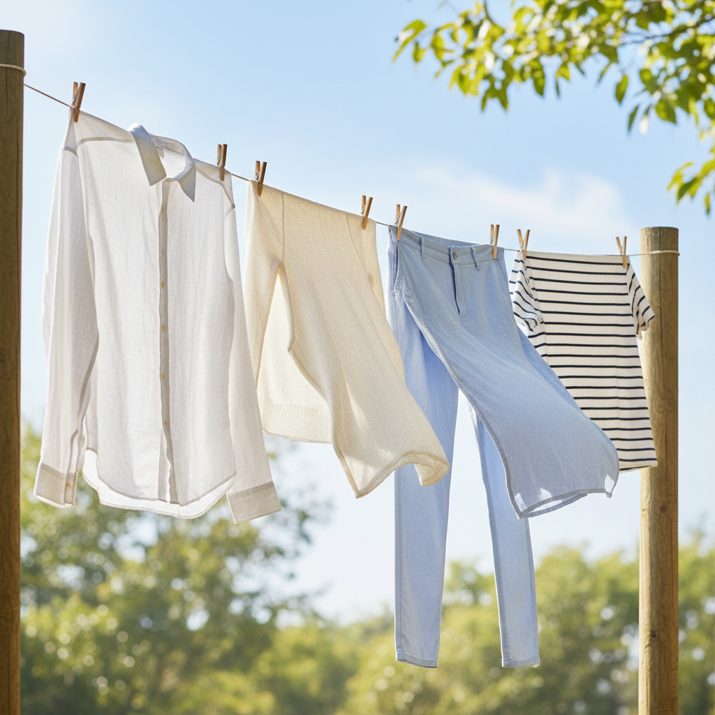 A collection of various clean, fresh clothes such as shirts, sweaters, and trousers, hanging on a clothesline outdoors in a gentle breeze. Soft, natural sunlight falls on the fabric, highlighting a sense of freshness and thorough drying. The background shows a hint of nature, like blurred green leaves or a clear sky, reinforcing the natural airing process. Style: Bright, clean, and airy photographic aesthetic with a focus on natural light.