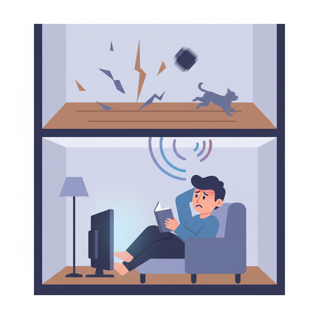 A professional flat illustration depicting a cross-section of two apartment floors. In the lower apartment, a person is trying to relax, perhaps reading or watching TV, but looks visibly annoyed or stressed. From the ceiling above them, subtle, semi-transparent sound wave symbols are emanating downwards. On the floor of the upper apartment, abstract, blurred shapes suggest movement or impact, like footsteps or an object falling, causing the sound. The overall atmosphere conveys interrupted peace.