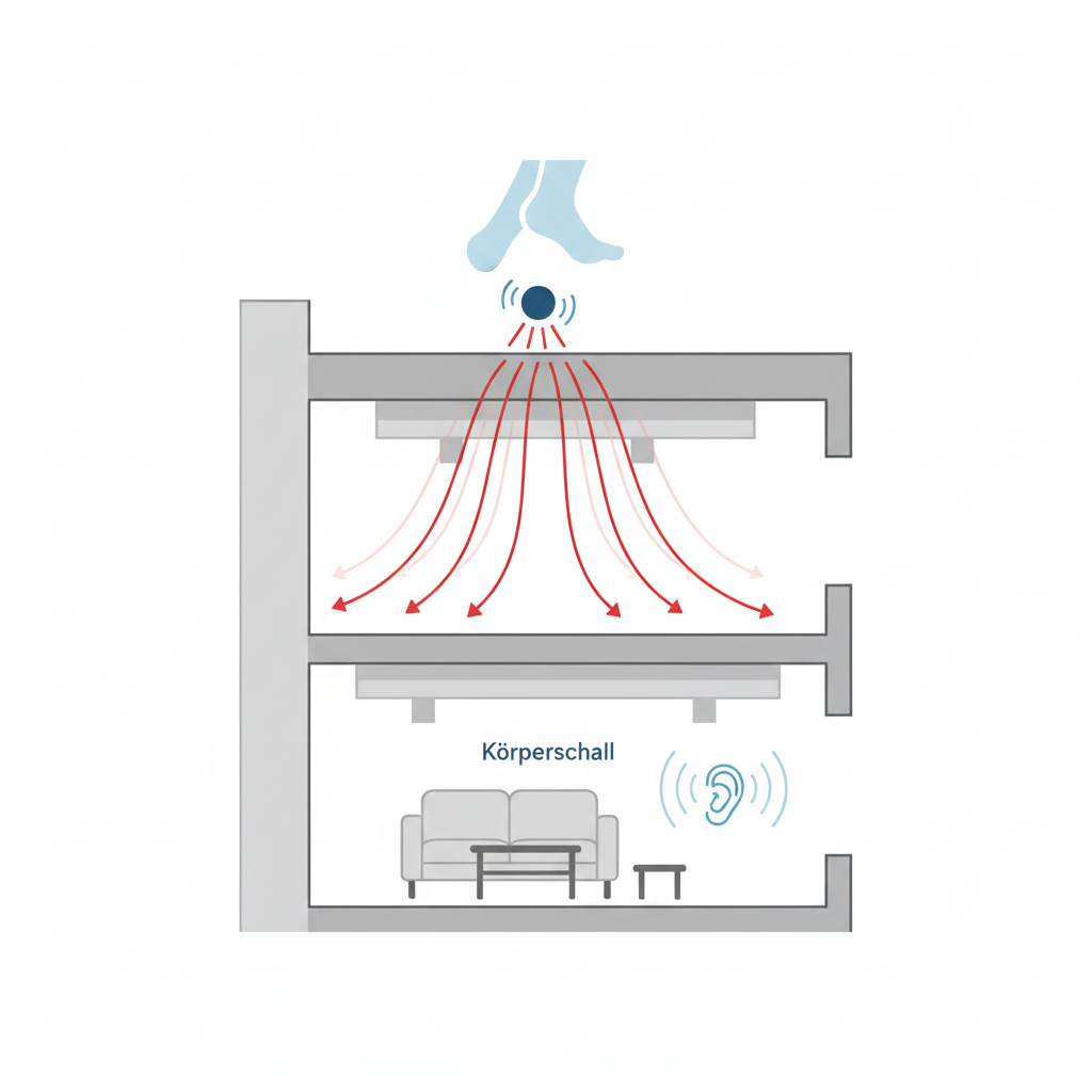 An infographic-style diagram illustrating 'Trittschall' (footfall sound) transmission. Show a clear cross-section of a building with an upper and a lower floor. On the upper floor, an abstract representation of a foot or a dropped item makes impact with the floor surface. Curved lines and arrows demonstrate vibrations (Körperschall) traveling directly downwards through the floor slab and ceiling structure into the apartment below, where subtle ripples or sound waves are perceived. Use a clean, educational aesthetic with distinct visual cues for impact and vibration.