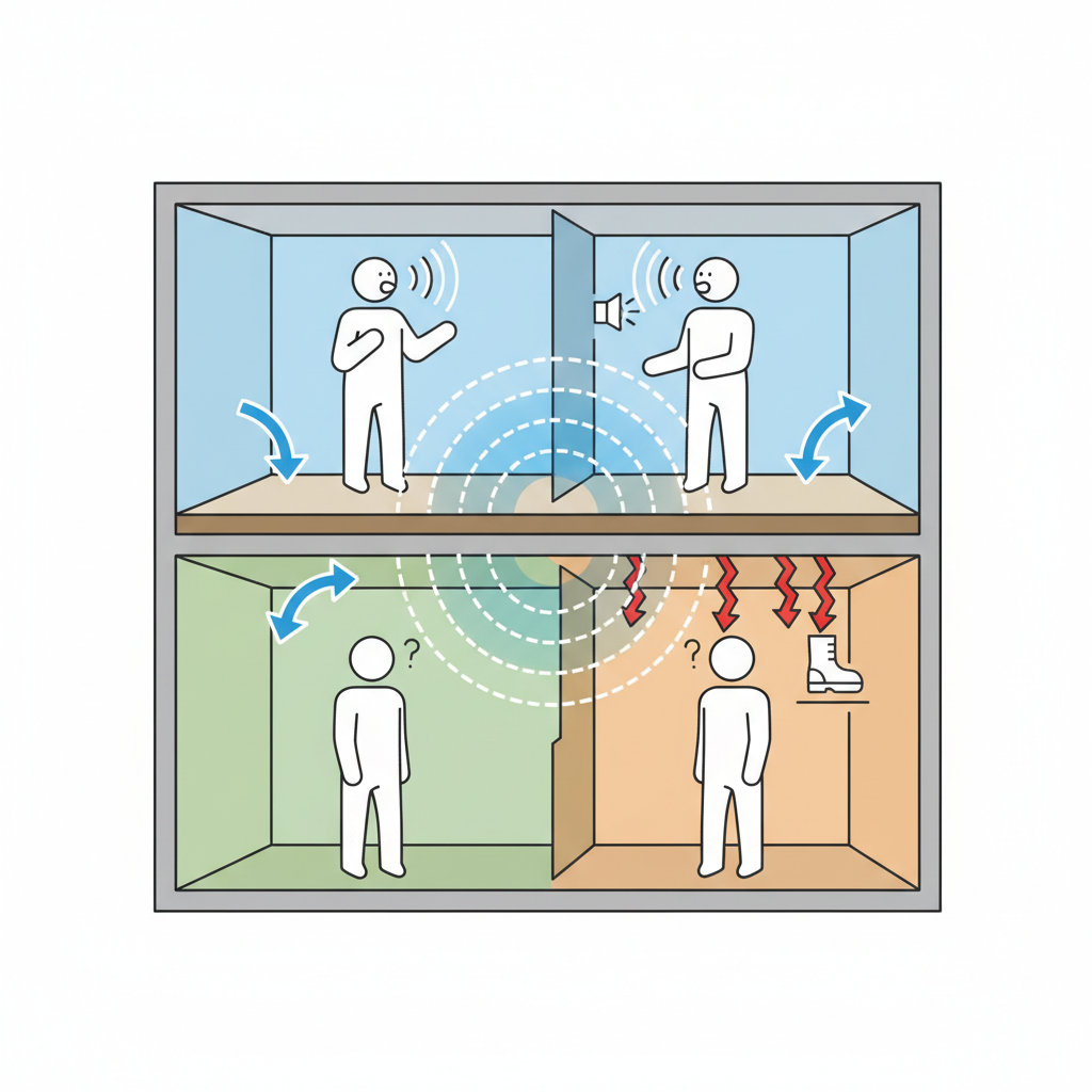 A detailed infographic-style diagram explaining 'Luftschall' (airborne sound) transmission. Present a cross-section of two apartment floors. In the upper apartment, abstract figures are engaged in activities like talking or listening to music, with clear sound waves originating from their mouths or a speaker and spreading through the air. These sound waves are then shown penetrating through the ceiling material into the apartment below. Arrows illustrate the path of airborne sound, clearly distinguishing it from direct structural vibrations. Professional and clear vector illustration.