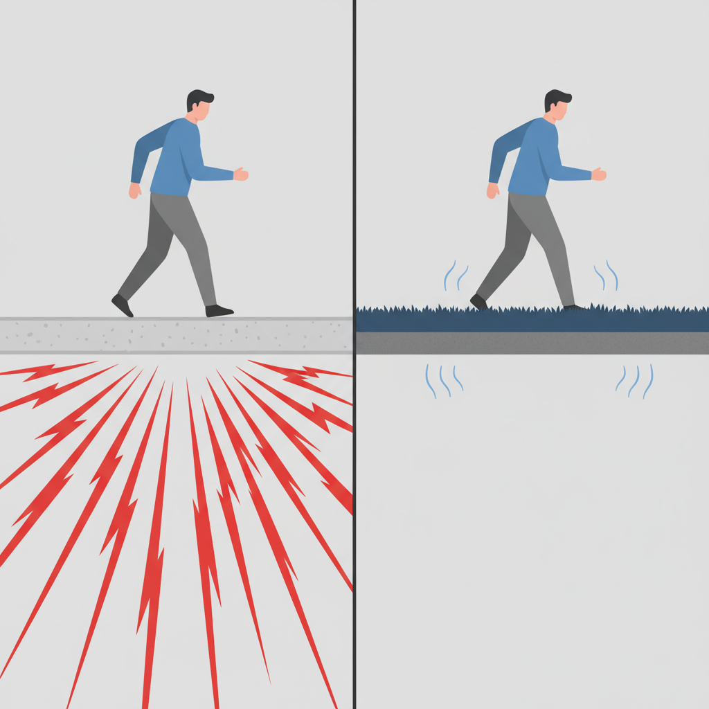 A comparative illustration showcasing noise reduction through flooring. The image is split into two vertical sections, both showing a simplified view of an upstairs floor from below. In the left section, an abstract person walks on a hard, bare floor (e.g., concrete or thin laminate) with prominent, strong sound waves radiating downwards. In the right section, the same person walks on a thick, sound-absorbing carpet or rug, with significantly fewer and much weaker sound waves visible below. Use a clean, modern flat illustration style emphasizing the visual contrast.