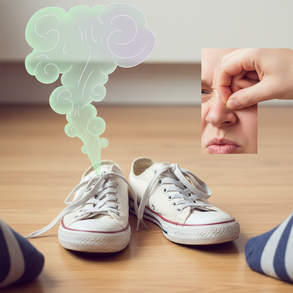 A professional, bright photo featuring a pair of slightly worn but otherwise normal-looking sneakers placed on the floor next to a person's feet (out of frame, but implying their presence). A subtle, almost cartoonish green or purple 'smell cloud' emanates from the shoes, causing the person's nose to crinkle slightly or an expression of mild distaste on an implied face (e.g., just the lower part of a face, or a hand raised near the nose). The overall mood should be relatable and slightly humorous, capturing the common unpleasantness of shoe odor.