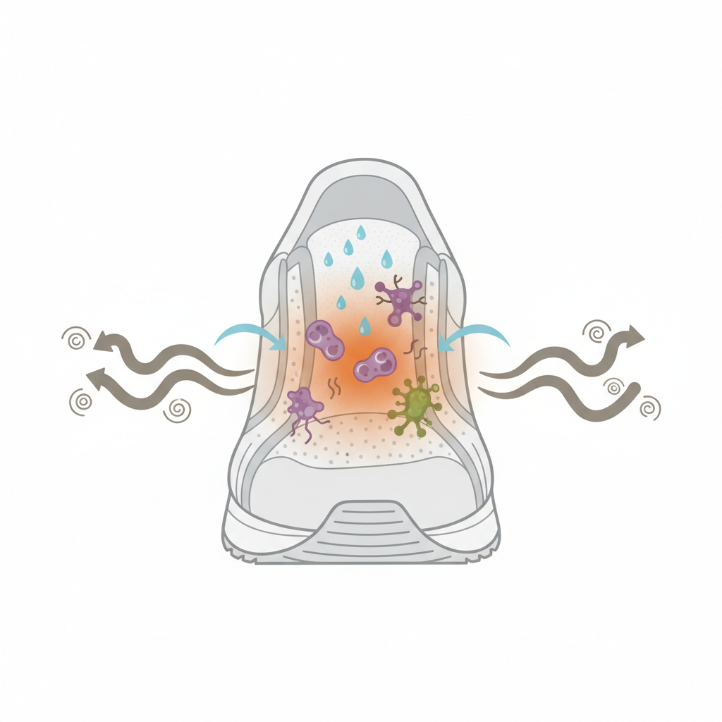 A clear, flat illustration in an infographic style depicting the internal environment of a shoe cut open to reveal its layers. Inside, visual elements represent warmth (subtle orange glow), moisture (small water droplets), and numerous simplified, stylized bacteria and fungi shapes. Arrows point from the sweat droplets and warmth to the microorganisms, and then from the microorganisms outwards, suggesting unpleasant odor. The background is clean and minimalistic, highlighting the key contributing factors to shoe smell.