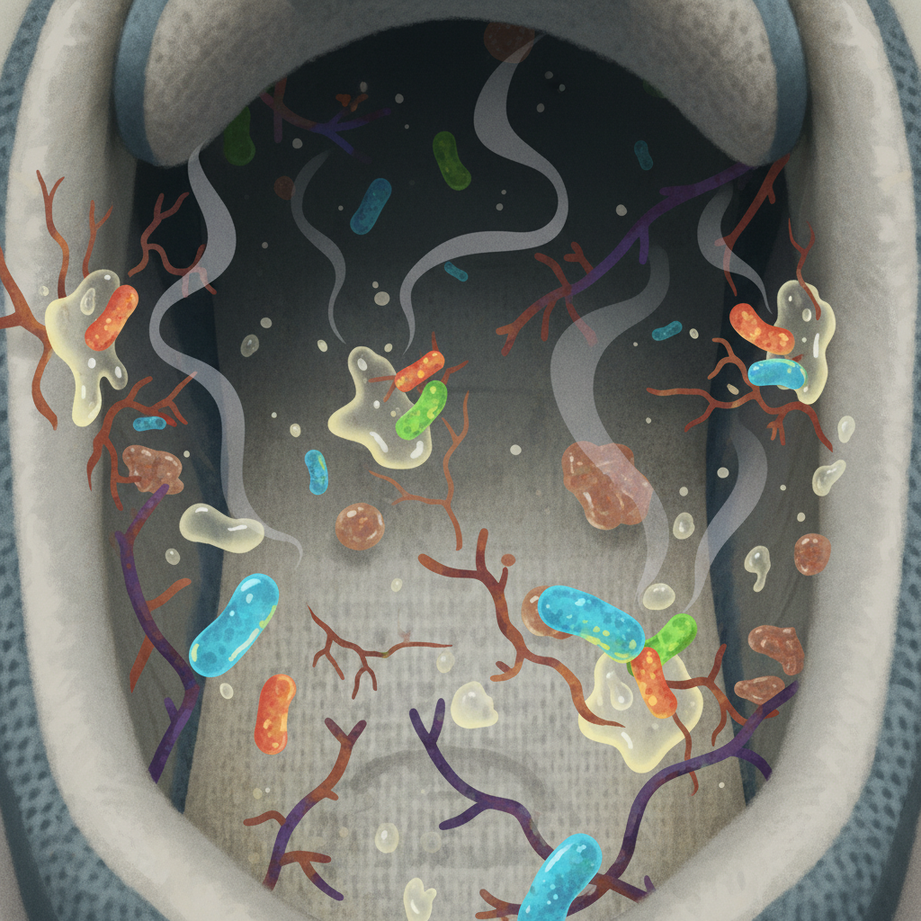 A detailed digital illustration with a slightly magnified, macro-view perspective inside a shoe. The texture of the shoe's inner fabric or insole is visible. Numerous stylized bacteria (rod and cocci shapes) and fungi (filamentous structures) are actively depicted 'feeding' on abstract sweat droplets or skin flakes. Subtle, swirling gaseous lines emanate from the microbes, visually representing the generated odors. The color palette should be muted but with pops of contrasting color for the microorganisms and sweat, emphasizing the microscopic activity causing the smell.