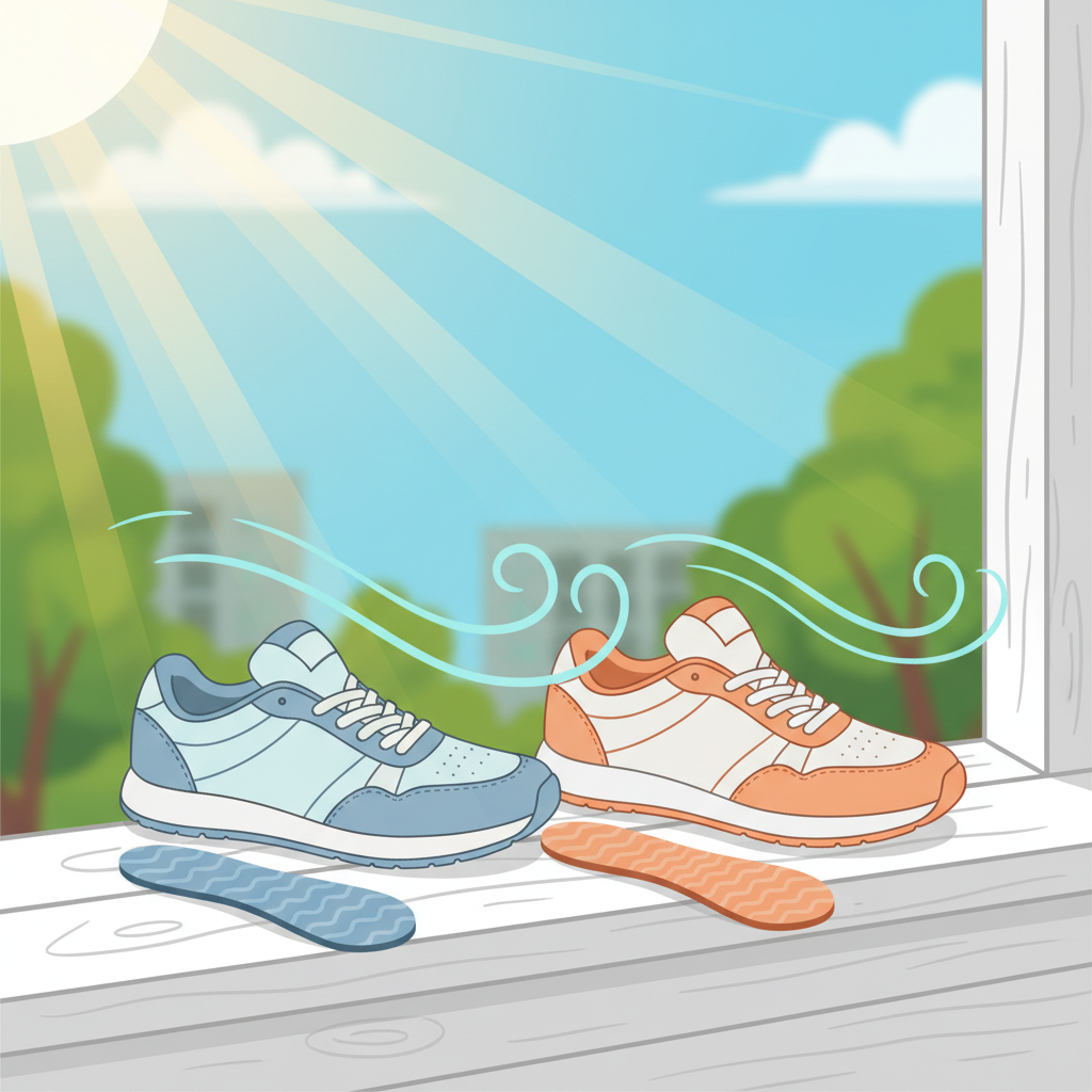 A vibrant, clean flat illustration showing a pair of casual sneakers or sports shoes being properly aired out. The shoes are placed on a sunny windowsill or an open balcony railing, with the insoles clearly removed and placed separately next to the shoes. Gentle wind lines or sun rays indicate ventilation and drying. The background suggests an outdoor or well-lit indoor environment. The scene conveys freshness and proactive care, emphasizing the 'Lüften' (ventilation) aspect.