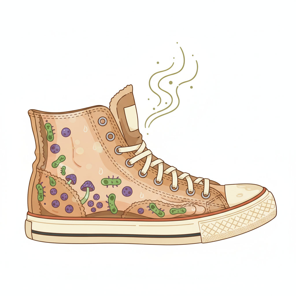 A vibrant, detailed flat illustration showing a transparent or cutaway view of a worn sneaker with a foot inside. Illustrate subtle sweat droplets forming on the foot and shoe lining. Within the warm, moist interior of the shoe, small, stylized bacteria (rod and cocci shapes) and fungi (mushroom-like spores) are visibly multiplying and thriving, depicted in subtle green and purple hues. A faint, wavy visual representation of an unpleasant odor is subtly rising from the shoe's opening.