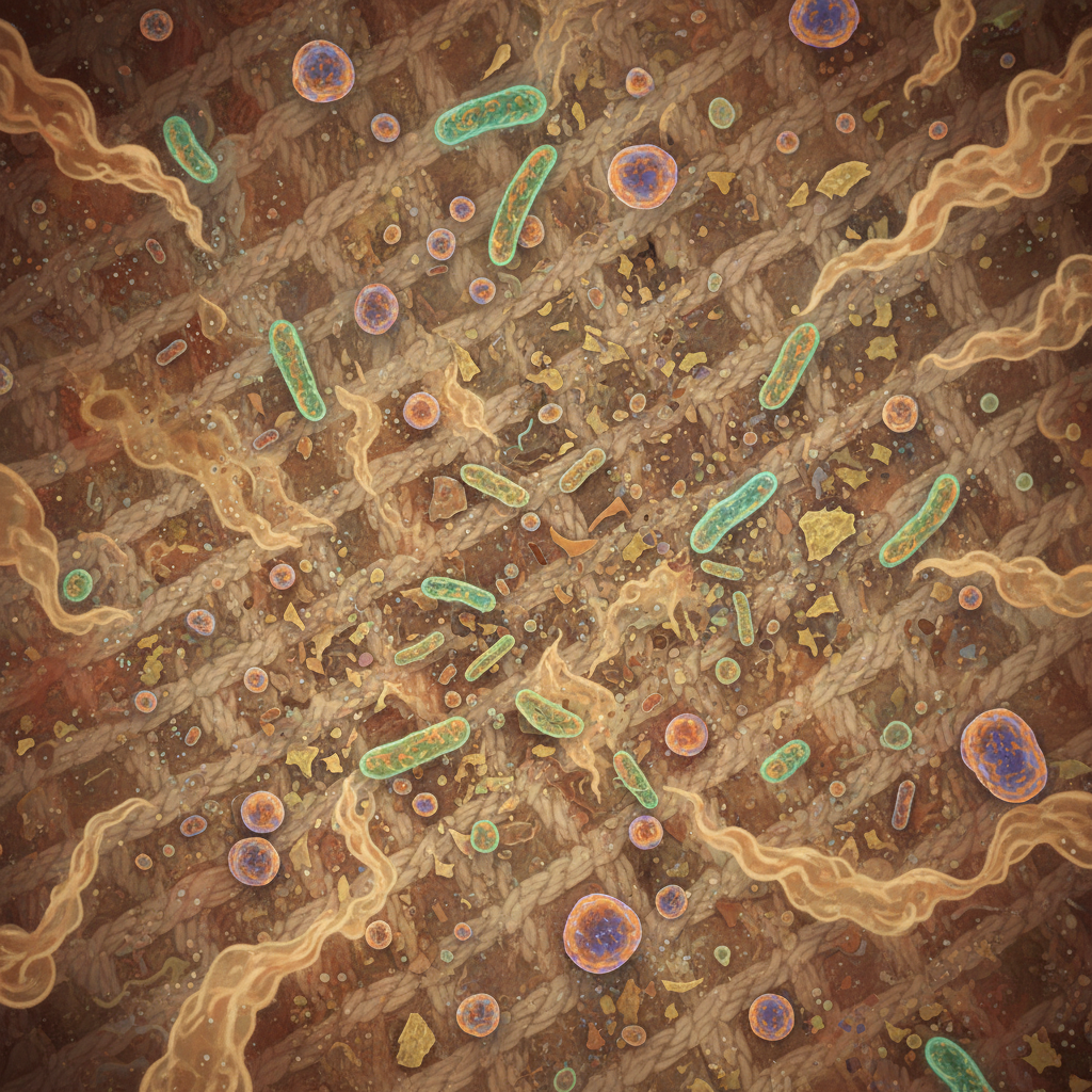 A highly magnified, abstract scientific illustration showcasing the microscopic world inside a shoe. Focus on a textured surface of shoe lining, covered in tiny, glistening sweat droplets. Numerous stylized, detailed microorganisms like rod-shaped bacteria and budding yeast cells are actively breaking down organic debris, symbolized by minuscule, disintegrating particles. The environment is depicted with warm, humid tones to emphasize ideal conditions for growth.