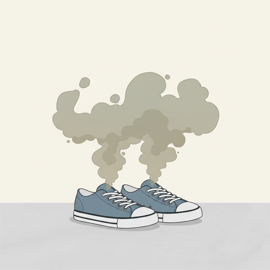 A contemporary flat illustration depicting a pair of everyday shoes (e.g., canvas sneakers or trainers) placed subtly apart on a neutral floor. A visual representation of unpleasant odor, like a subtle, murky green or brown vapor cloud, is gently emanating from around the shoes, suggesting a lingering smell. The composition should convey a sense of mild awkwardness or a problem needing resolution, without any human presence or overt drama.