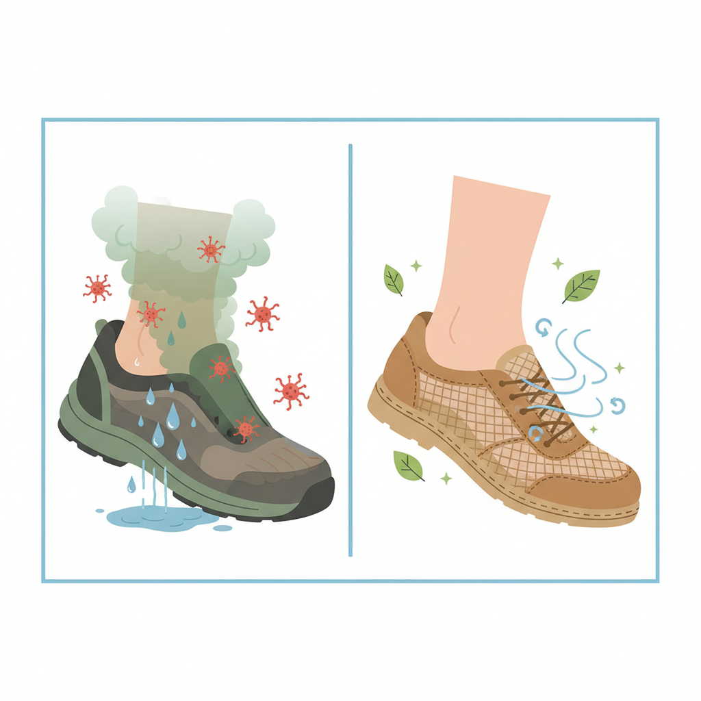An infographic-style illustration contrasting two feet inside different shoe types. On one side, a foot visibly sweats profusely inside a synthetic, non-breathable shoe, creating a humid microclimate. On the other side, a drier, healthier foot is depicted within a shoe made of breathable material (e.g., mesh or natural leather), with subtle air currents indicating ventilation. Stylized icons representing bacteria multiplication vs. freshness can be subtly included without text.