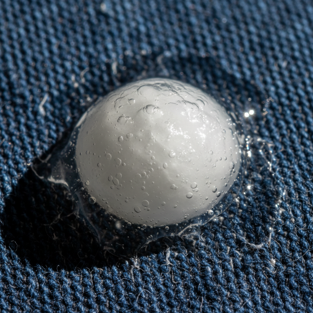 A macro photograph of a hardened, translucent super glue drop on a dark blue denim fabric. The glue has a slightly textured, milky appearance where it's thickest, with thinner, more transparent edges firmly embedded into the fabric fibers. The surrounding denim should show its weave structure clearly, highlighting the contrast between the rigid glue and the soft fabric. The lighting should emphasize the three-dimensional nature of the glue blob, conveying a sense of stickiness and difficulty.