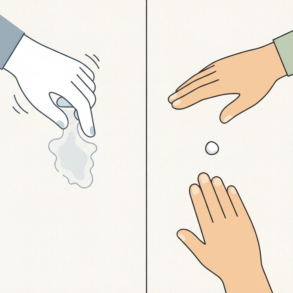 A minimalist flat illustration composed of two side-by-side panels. The left panel shows a hand actively smearing a small, wet super glue drop across a light-colored fabric with a finger, causing it to spread and become a larger, embedded stain. The right panel shows a different hand calmly hovering above a small, hardened, opaque super glue drop on an identical fabric, clearly not touching or rubbing it. This visually contrasts the incorrect action with the correct patient approach.