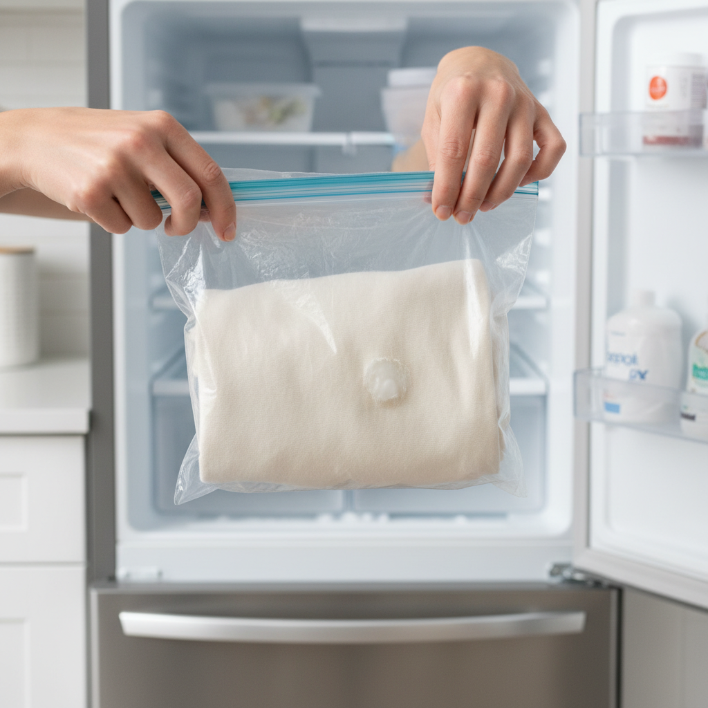 A professional photo depicting a folded piece of light-colored cotton clothing, with a small, visible super glue stain, being carefully placed into a clear, re-sealable plastic freezer bag by a person's hands. The background hints at a clean, domestic kitchen environment, possibly with the slightly open door of a frost-covered freezer visible in the distance. The focus should be on the precise action of placing the garment into the bag, conveying a methodical approach.