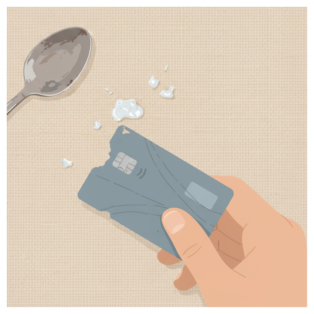 A close-up, top-down detailed flat illustration of a hand gently using the blunt edge of an old credit card or the back of a spoon to carefully chip away at a small, hardened super glue spot on a textured fabric surface, such as a woven linen or cotton. Several tiny, brittle fragments of super glue are visible on the fabric next to the main spot, illustrating the successful removal process. The focus is entirely on the delicate scraping action and the interaction between the tool, glue, and fabric.